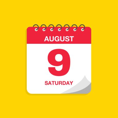 9 Ağustos tarihli gündüz takvimi. Takvim simgesi vektör illüstrasyonu. Olay takvimi anımsatıcı, iş toplantısı programı, randevu tarihi sembolü, sayfa takvimi planlayıcısı işareti, son tarih şablonu.