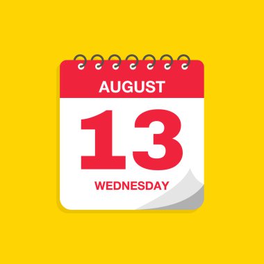 13 Ağustos tarihli gündüz takvimi. Takvim simgesi vektör illüstrasyonu. Olay takvimi anımsatıcı, iş toplantısı programı, randevu tarihi sembolü, sayfa takvimi planlayıcısı işareti, son tarih şablonu.