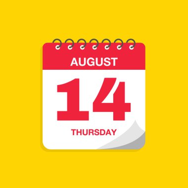 14 Ağustos tarihli gündüz takvimi. Takvim simgesi vektör illüstrasyonu. Olay takvimi anımsatıcı, iş toplantısı programı, randevu tarihi sembolü, sayfa takvimi planlayıcısı işareti, son tarih şablonu.