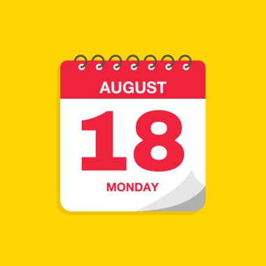 18 Ağustos tarihli gündüz takvimi. Takvim simgesi vektör illüstrasyonu. Olay takvimi anımsatıcı, iş toplantısı programı, randevu tarihi sembolü, sayfa takvimi planlayıcısı işareti, son tarih şablonu.