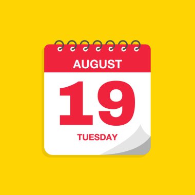 19 Ağustos tarihli gündüz takvimi. Takvim simgesi vektör illüstrasyonu. Olay takvimi anımsatıcı, iş toplantısı programı, randevu tarihi sembolü, sayfa takvimi planlayıcısı işareti, son tarih şablonu.