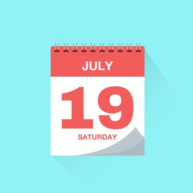 Gündüz takvimi 19 Temmuz, takvim ikonu vektör illüstrasyonu. Olay takvimi anımsatıcı, iş toplantısı programı, randevu tarihi sembolü, sayfa takvimi planlayıcısı işareti, son tarih şablonu.