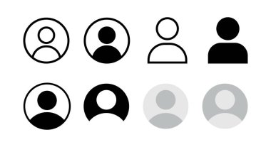 Öntanımlı kullanıcı profili simgesi seti, sosyal medya profil simgesi. Kullanıcı hesabı dp düz, doğrusal sembol, özet, siyah, beyaz ve gri renkler, web ve uygulama tasarımları için yuvarlak şekil konsepti, vektör çizimi.