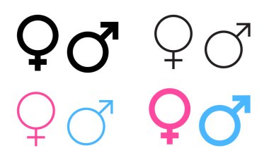 Erkek ve dişi ikonu, cinsiyet olarak kalın ve ince şekil işareti koleksiyonu. Erkek ve kadın düz ikon sembolleri, pembe, mavi, siyah kadın ve yalıtılmış erkeksi ikon paketi, Vector Illustration.