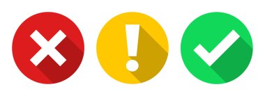 Yeşil kontrol işareti, ünlem işareti, kırmızı haç, x işareti simgeleri ayarlandı. düz stil doğru ve yanlış ve uzun gölge efektli yuvarlak şekilli bang işareti. Çember işaretli vektör gösterimi.