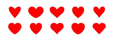 Kalp simgeleri vektör kırmızı rengini, basit düz kalp şekillerini belirler. Kalp aşk işaretleri, sevgililer günü kalp farklı şekillerde izole edilmiş semboller. Romantik işaret, şeffaf PNG, vektör illüstrasyonu.