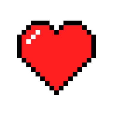 Piksel sanat kırmızı kalp ikonu, siyah çizgili pikselli kalp sembolü, beyaz arkaplanda izole edilmiş aşk işareti, piksellenmiş kırmızı kalp ikonu, sevgililer günü ikonu, şeffaf PNG, vektör ilülasyonu.