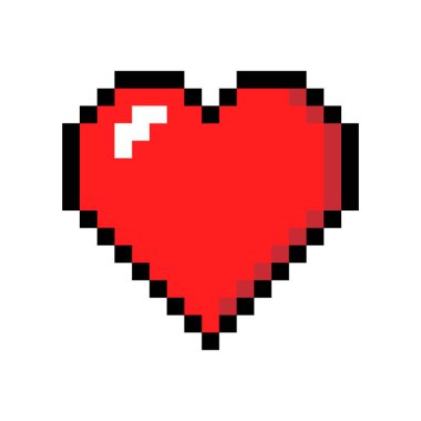 Piksel resim kırmızı kalp ikonu, siyah çizgili pikselli kalp ikonu, beyaz arkaplanda izole edilmiş aşk işareti, pikselleştirilmiş kırmızı kalp sembolü, sevgililer günü ikonu, şeffaf PNG, vektör ilülasyonu.