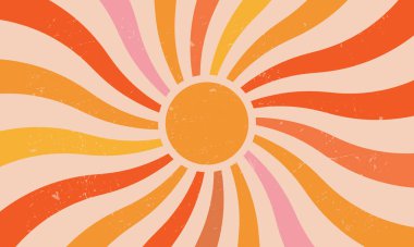 Retro dalgalı radyal girdap ışınları soyut güneş arkaplanı, klasik vektör güneş ışığı dokusu 70 'lerin soyut yazlık posterler eşmerkezli ışınlar, kremsi pembe turuncu hippi harap duvar kağıdı..
