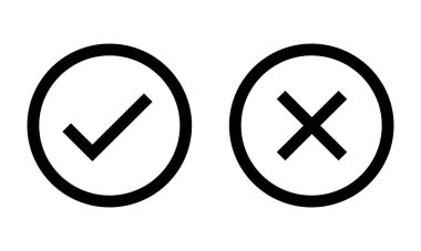 Doğru ve yanlış vektör simgesi yuvarlak renkli siyah dış hat, düz yuvarlak kontrol işareti, çapraz, x işareti, daire şeklinde ince çizgi işareti sembolü. Beyaz arkaplanda onay ve ret işaretleri izole edildi