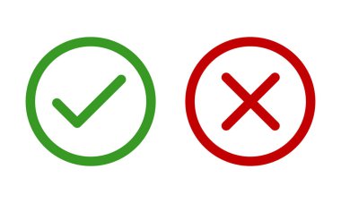 Yeşil kontrol işareti, kırmızı haç, x işareti simgesi seti, yuvarlak doğru ve yanlış düz vektör işareti konsepti. Doğru seçim ve reddedilme işaretleri izole edildi. İşaretli sembol vektör illüstrasyonu