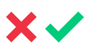 Yeşil kontrol işareti, kırmızı haç, x işareti simgesi seti, düz sağ ve yanlış vektör işareti konsepti. Doğru seçim ve reddedilme işaretleri izole edildi. İşaretleme vektör illüstrasyonunu, işaret simgesini kontrol et