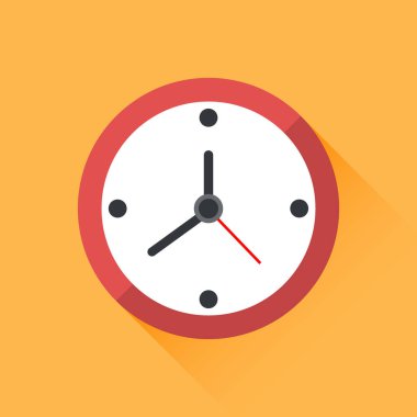 Uzun gölge vektör illüstrasyonlu saat duvarı yüz simgesi. Düz stil saat simgesi tasarımı, saat işareti, zamanlayıcı izole edilmiş sembol, ofis saati klip sanatı, iş simgesi konsepti, Vektör illüstrasyonu.