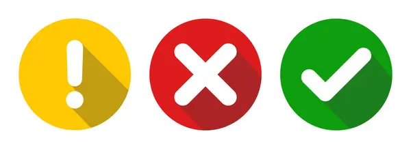 Kontrol işareti, ünlem işareti, haç işareti, x işareti simgeleri uzun gölge efektli düz yuvarlak stil, yeşil kene izi, kırmızı haç, sarı ünlem işaretleri izole edilmiş beyaz zemin. vektör illüstrasyonu