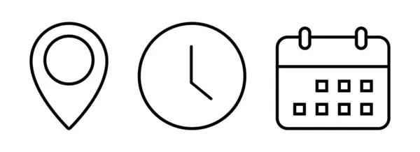 Zaman, tarih ve adres doğrusal simgesi. Olay takvimi anımsatıcı saat çizelgesi, konum pin sembolü, işaretleyici zaman ögelerini şeffaf png üzerinde izole et. vektör illüstrasyonu.