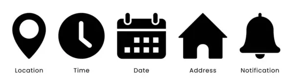 Saat, tarih ve adres simgesi ayarlandı. Olay takvimi anımsatıcı saat çizelgesi, konum simgesi, işaretleyici zaman haritası elementlerini şeffaf png üzerinde izole et. vektör illüstrasyonu.
