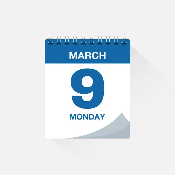 9 Mart tarihli takvim, günlük takvim simgesi. İş toplantısı tarih işareti, olay takvimi anımsatıcı, sayfa takvimi, ajanda planlayıcı, randevu tarihi, son tarih şablonu, vektör ilülasyonu.