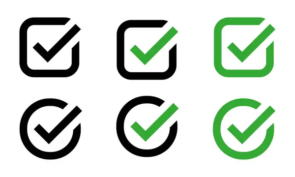 Yeşil İşaretleme simgesi, işaretleme kutusu veya kare şeklinde onaylanmış sembol, siyah ve yeşil renk kombinasyonlu işaret işareti, düz işaret işareti vektör seti, Doğru oy seçimi izole sembol