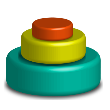 Üç boyutlu görüntüleme üst üste istiflenmiş üç parlak silindiri gösterir. Tuğla, sarı ve turuncu renkler, alttan üste..