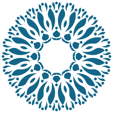 Mavi ve deniz mavisi tonlarında dairesel bir mandala deseni. Çiçek ya da taç yaprağına benzer şekilleri simsiyah bir zemine karşı tekrarlıyor..