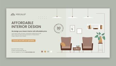 Düz iç tasarım ve ev dekorasyonu satışı afiş şablonu vektör resmi