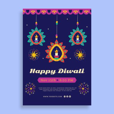 Hindu diwali festivali kutlama vektör görüntüsü için düz dikey poster şablonu