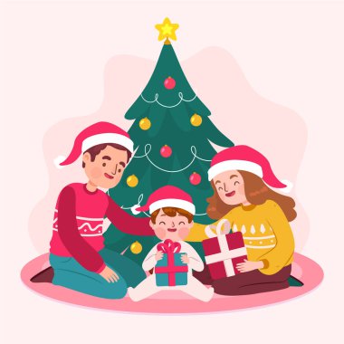 El çizimi noel aile sahne konsepti vektör resmi