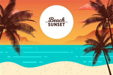 Plaj gün batımı palmiye siluetleri ve okyanus dalgaları vektör görüntüsü