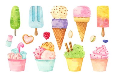 Elle boyanmış suluboya dondurma koleksiyonu vektör resmi