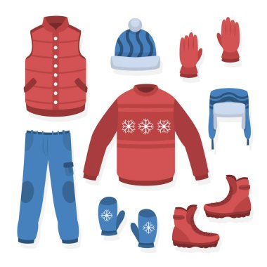 Düz dizayn kış kıyafetleri ve temel vektör görüntüsü