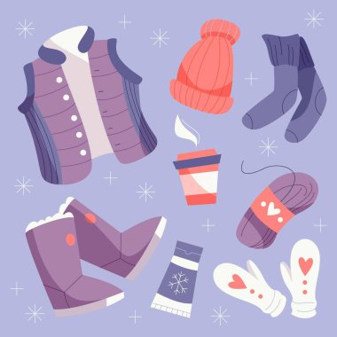 Elle çizilmiş düz kış kıyafetleri ve temel koleksiyon vektör görüntüsü