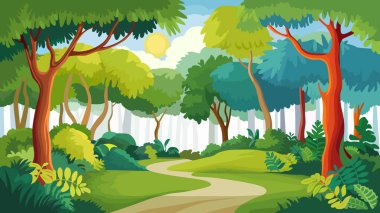 Canlı ve gür bir orman manzarası. Değişen yeşil ve mavi tonlarına sahip uzun ağaçlar manzaraya hükmediyor, dalları farklı yönlere doğru uzanıyor..