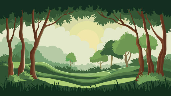 Спокойный лесной пейзаж. На сцене доминируют высокие деревья с тонкими стволами и пышными зелеными навесами. Земля покрыта живой зеленой травой, и есть меньшие деревья разбросаны по всему.