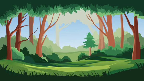 Спокойный лесной пейзаж. На сцене доминируют высокие деревья с красновато-коричневыми стволами и зеленой листвой. Земля покрыта пышной зеленой травой