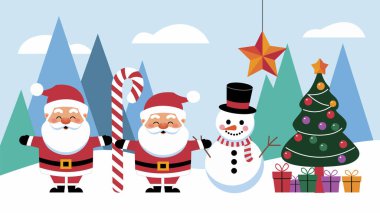 Üç ana karakterli şenlikli bir kış sahnesi: iki Noel Baba ve bir kardan adam. Noel Baba, beyaz sakallı ikonik kırmızı elbiseleriyle kardan adamın her iki tarafına yerleştirilmiştir..