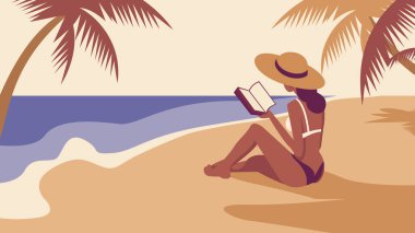 Kumsalda, kumların üzerinde oturmuş kitap okumaya dalmış bir kadının olduğu huzurlu bir kumsal. Bikini giyiyor ve geniş kenarlı bir şapka takıyor ve bir yığın kitabın yanına yerleştirilmiş.. 