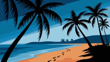 Alacakaranlıkta sakin bir plaj sahnesi. Uzun palmiye ağaçları solda belirgin bir şekilde duruyor, yaprakları zarif bir şekilde sallanıyor. Kumsal, ön plandan su kenarına kadar uzanan ayak izleriyle süslenmiş..