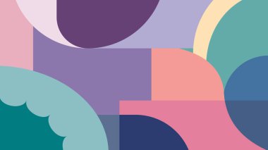 Geometrik şekil ve kalıpların uyumlu bir karışımını içeren canlı ve renkli bir düz arkaplan çizimi. Arka planda yumuşak pastel renklerin karışımı yer alıyor,