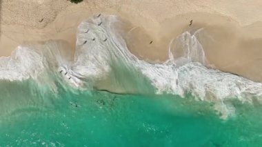 Tropikal sahil ve denizin kuş bakışı görüntüsü. Kelingking Plajı Nusa Penida Endonezya Bali. 4K insansız hava aracı görüntüleri dji Mavic 3