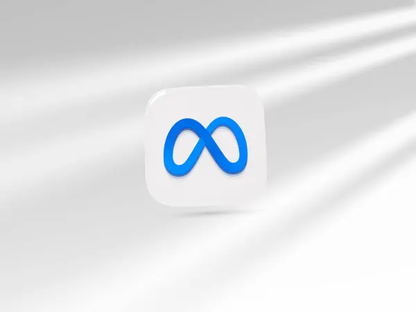 Mavi sonsuzluk sembolünün üç boyutlu çizimi beyaz kare bir ikon üzerinde gösterilen Meta platformları için kurumsal markalaşmayı temsil ediyor..