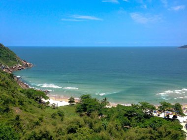 Yazın kumsal ağaçlarla çevrili, kristal berrak sular ve mavi gökyüzü