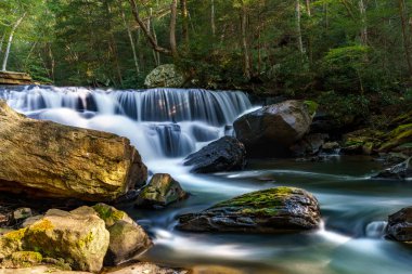 Deckers Creek Şelalesi 'nin akan akıntısını uzun süre görüntülemek. Preston County 'den Morgantown, Batı Virginia' ya akan Deckers Creek, yol boyunca birçok manzaralı şelaleye ev sahipliği yapar. Bu fotoğraflar Masontown, WV 'nin hemen dışında çekildi.