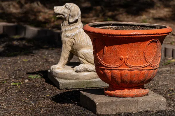 Odaklanamayan bir köpeğin heykeli önünde duran turuncu beton bir tencere.