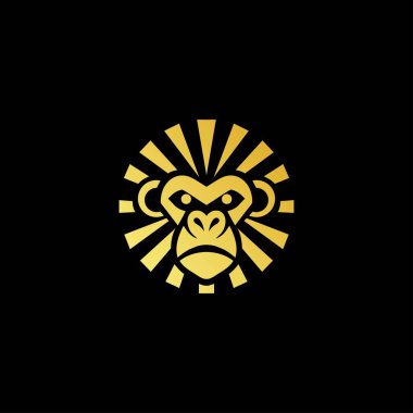 Maymun Güneş Işını Logosu. Maymun kafası ve güneş ışınlarının altın gradyanı ile birleşimi. Modern ve asgari görünümlü..