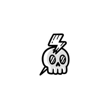 Skull Lightning Power Doodle logosu. Basit şekiller ve küçük detaylarla benzersiz bir görünüş. Bu logo, kafatası başlığı konseptiyle yaratıldı..