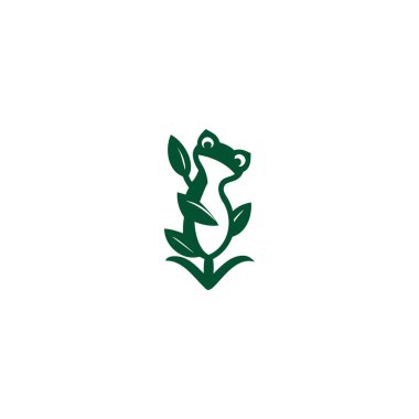 Kurbağa Yaprağı Logosu çizim tasarımında. Yaratıcı ve benzersiz kurbağa logosu. hayvan logoları hayvan damgası.