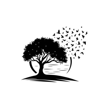 Kuşların uçtuğu ağaç silueti 