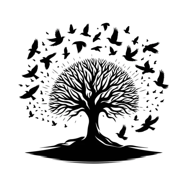 Kuşların uçtuğu ağaç silueti 