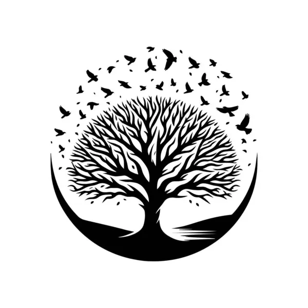 Kuşların uçtuğu ağaç silueti 