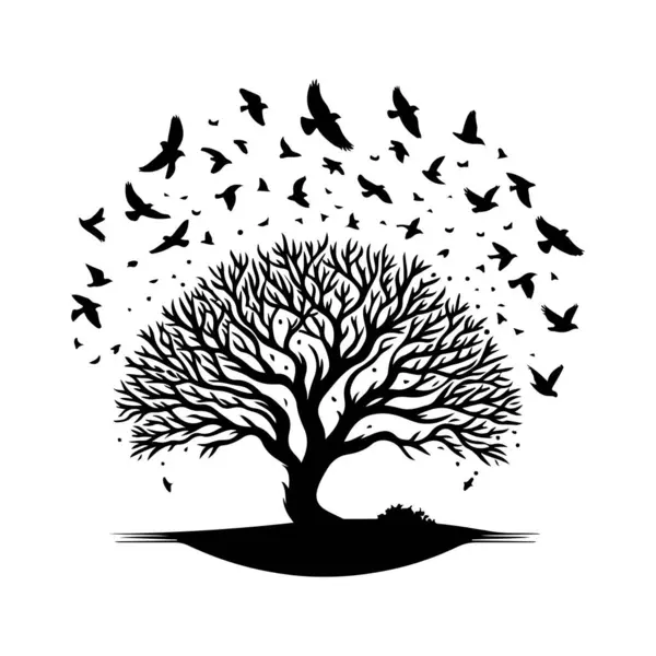 Kuşların uçtuğu ağaç silueti 